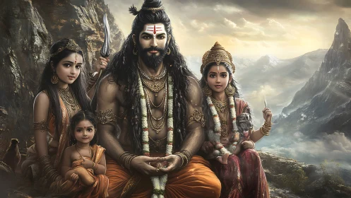 Hindu divine family seated in detailed mountain landscape.