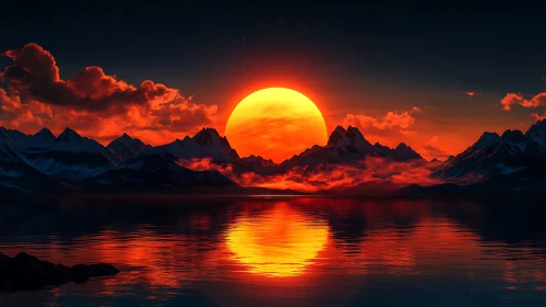 Fiery sun descends behind mountains over a glowing red sea