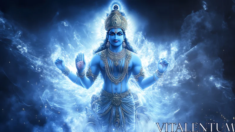 Celestial blue deity emerging from swirling cosmic light.