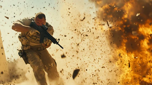 Elite soldier charging forward through desert explosion.