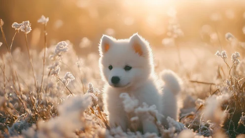 White puppy stands in frosty meadow under warm sunrise light
