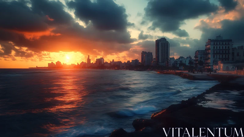 Sunlit coastal skyline under brooding evening clouds.