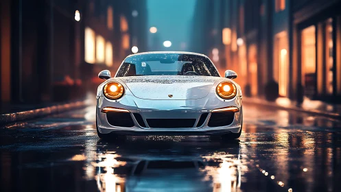 Rainlit sports coupe prowls a glossy neon city runway