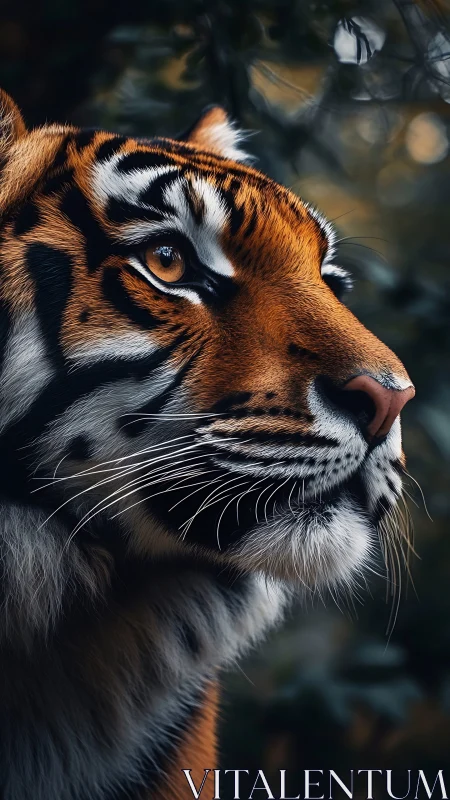 Close-up profile portrait of tiger in soft forest light.