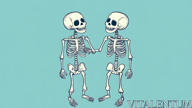 Bony best friends share a grinning handshake in teal space