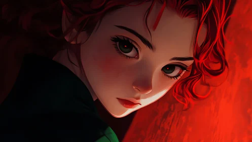 Ember-haired girl in crimson shadows holds a quiet question.