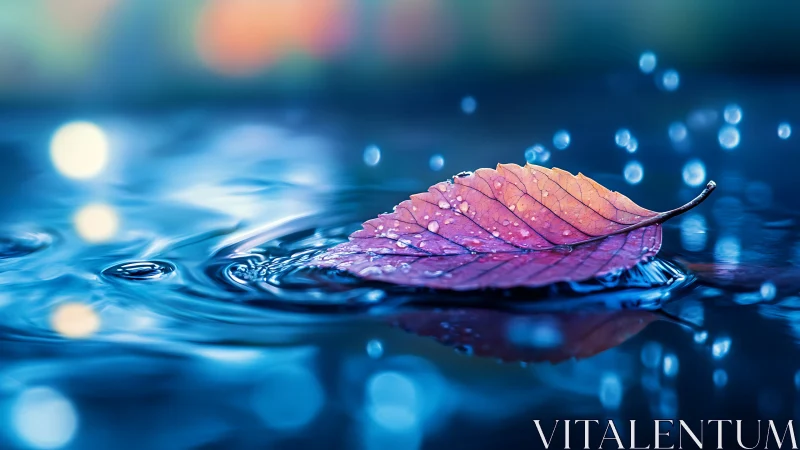 Dreamstruck autumn leaf adrift on neon twilight water.