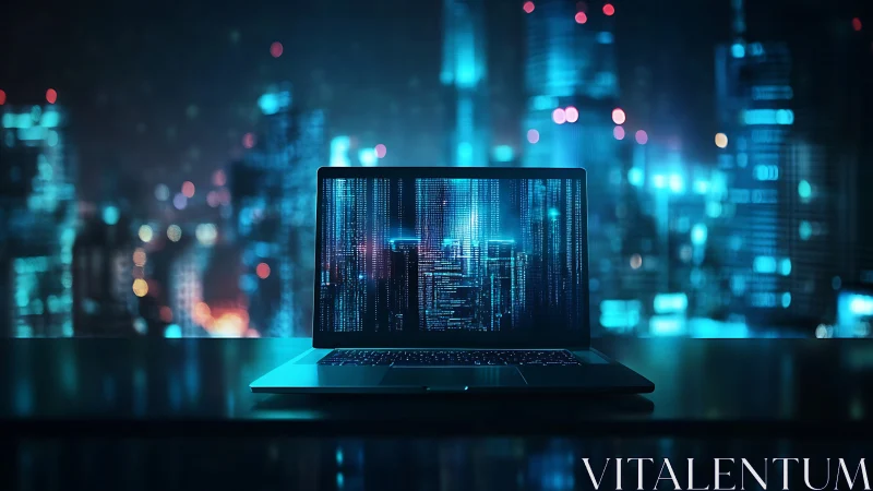 Laptop projects neon data skyline over futuristic city.
