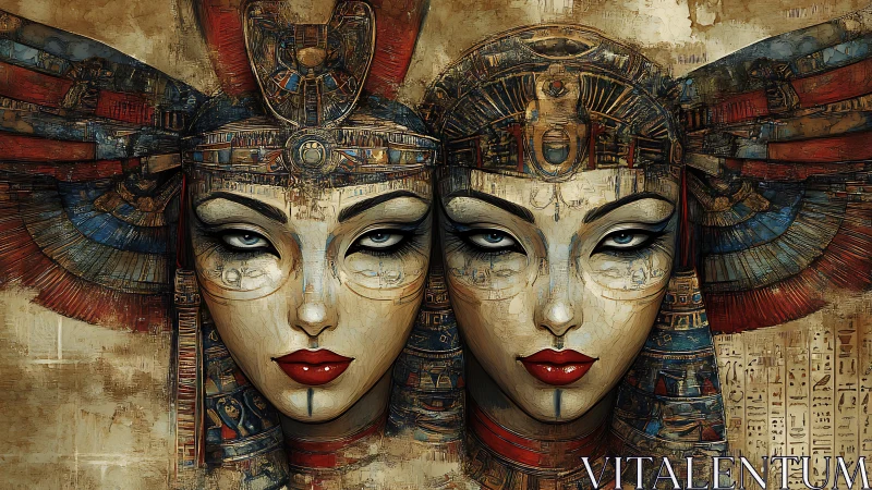 Twin pharaoh queens in ornate surreal digital portrait.