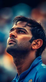 Portrait shows male subject in blue sports jersey looking upward