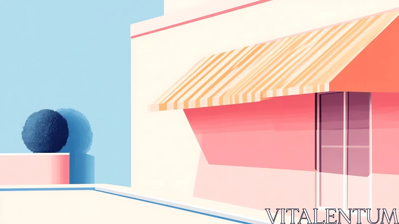 Sunlit pastel facade with striped awning and pool edge