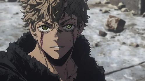 Battle-worn anime warrior with bloodied face in ruins