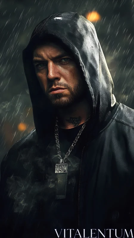 Rain-hardened gaze carves defiance through the neon gloom