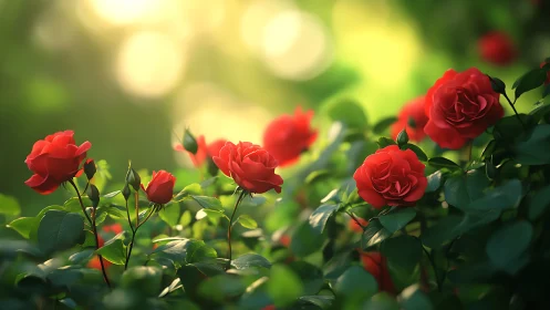 Sunlit garden roses glowing softly in a dreamy green haze.