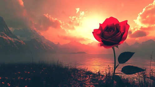 Large red rose over mountain lake at orange sunset.