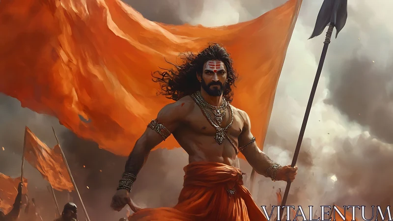 Warrior leader stands before large orange flags in smoke