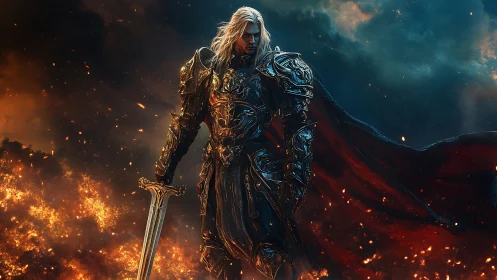 Armored swordsman stands amid fire against contrasting sky