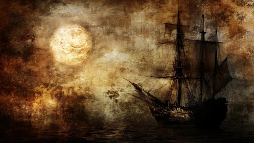Ghostly tall ship drifts beneath a smoky, burning moon.