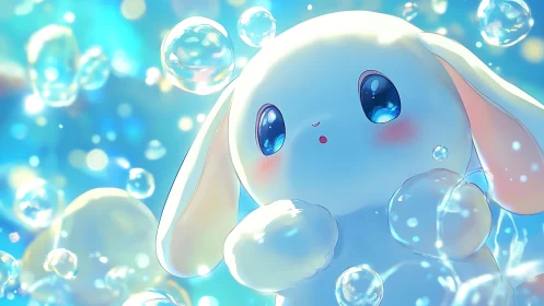 White cartoon rabbit surrounded by floating bubbles in water.