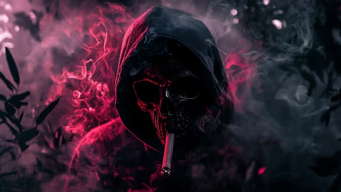 Hooded skull smolders in neon smoke and shadowed gloom.