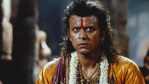 Intense temple moment with a garlanded, golden robed hero.