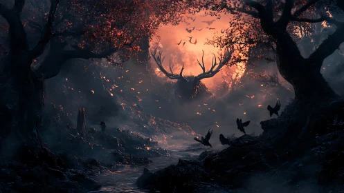 Moonlit antler colossus rises from ember drenched forest mist
