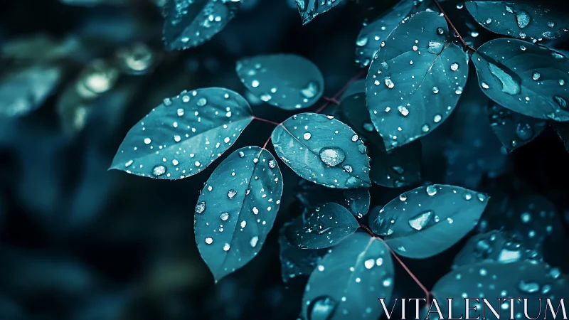 Rain-soaked teal leaves under soft moody natural light.