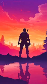 Sunset wanderer stands ready beside a glowing forest lake.