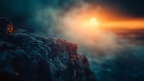 Rocky cliffside greeting a dreamy misty ocean sunrise.