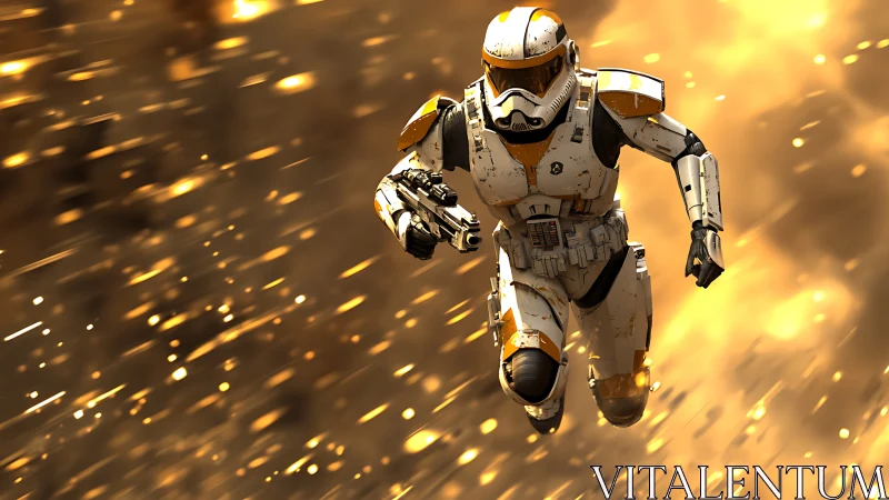 Armored space trooper sprinting through molten starlight storm.