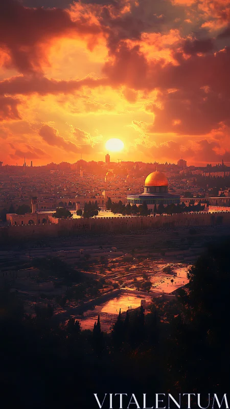 Sunset over historic city skyline with golden domed shrine.