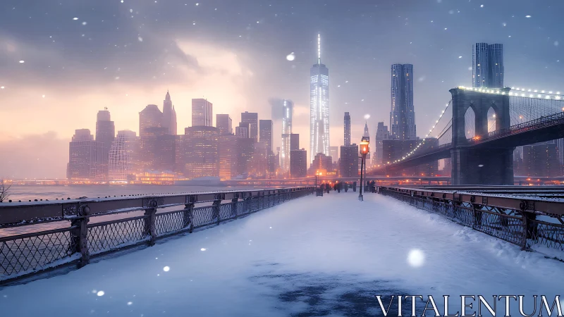 Snow-laden Brooklyn Bridge axis toward luminous winter skyline.