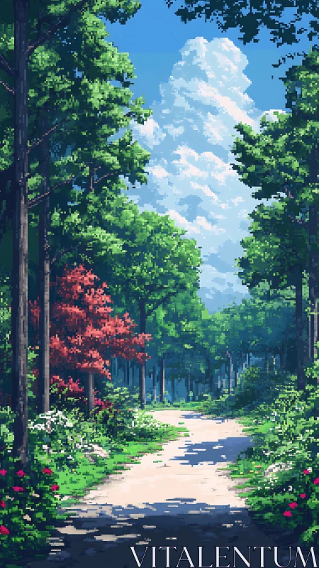 Pixel art forest corridor with blooming foliage and cumulus cloud vistas