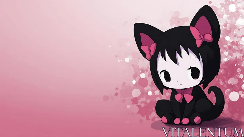 Kawaii cat girl in black suit on soft pink background.