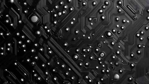 Dark metallic circuit board glows with polished chrome nodes