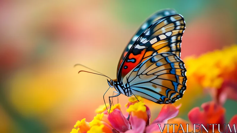 Colorful butterfly resting gently on sunlit garden blooms.