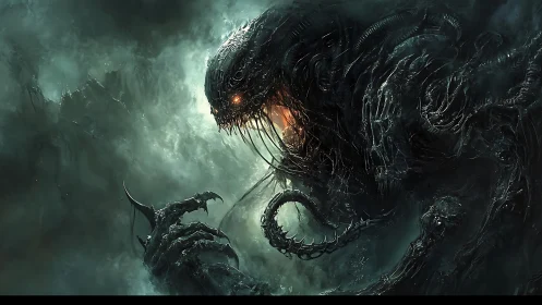 Cyberpunk biomechanical leviathan in atmospheric digital painting.