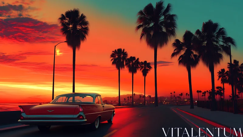 Sunset cruise beneath glowing palm-lined boulevard skies.