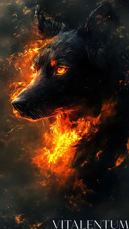 Volumetric fire-wreathed black canine rendered with high-detail fur shading