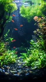 Lush aquascape with red fish gliding through bubbles.
