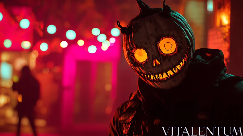 Glowing pumpkin mask figure under neon bokeh in night street scene