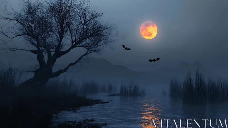 Blood moon over mist-laden marsh with silhouetted bats.