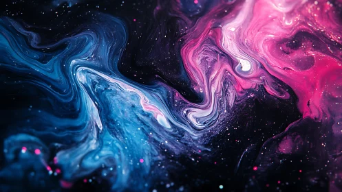 Cosmic swirls of blue and pink drift gently through deep space