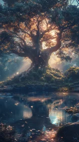 Ancient river-rooted tree drinks stray sunbeams and stories