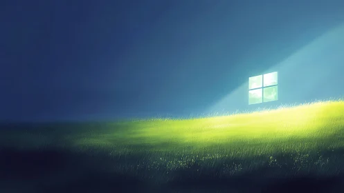 Grassland drifts into twilight while a lone window dreams