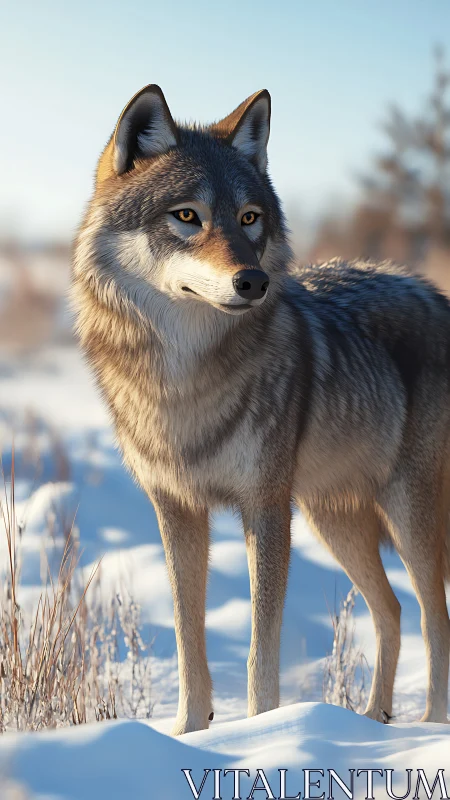 Winter sunlight pauses politely on the watchful lone wolf