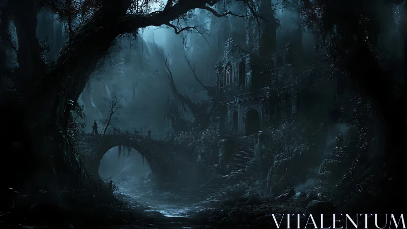Gothic ruin in moonlit forest with arched bridge composition.