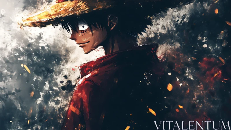 Straw hat hero gazing back through swirling painted sparks.