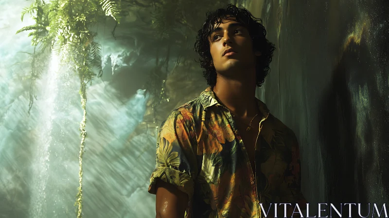 Tropical-shirted man in moody rainforest shaft of light.