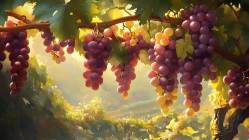 Sunlit vineyard grapes glow warmly in a dreamy garden